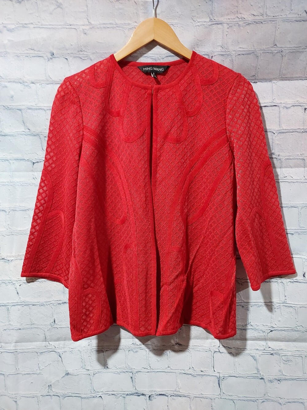 Ming Wang Womens Small Open Front Textured Red Cardigan Office Career Wear